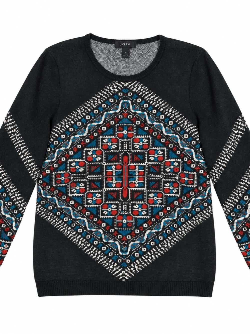 J.Crew 100% Merino Wool Fair Isle Nordic Sweater Black Red Ivory M geometric - Picture 3 of 7